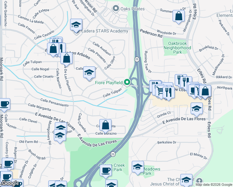 map of restaurants, bars, coffee shops, grocery stores, and more near 1452 Calle Tulipan in Thousand Oaks