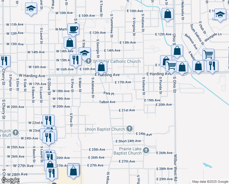 map of restaurants, bars, coffee shops, grocery stores, and more near 405 Park Place in Pine Bluff