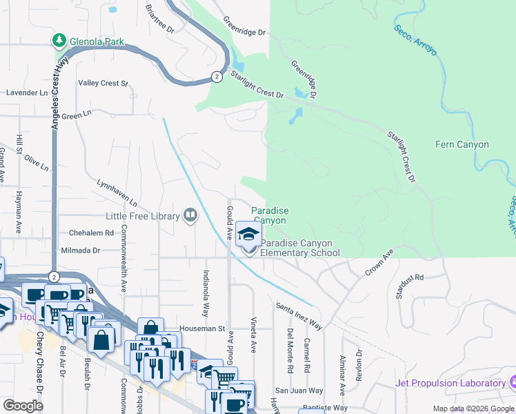 map of restaurants, bars, coffee shops, grocery stores, and more near 519 Paulette Place in La Cañada Flintridge