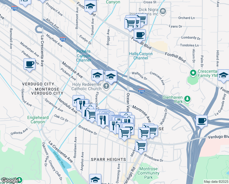 map of restaurants, bars, coffee shops, grocery stores, and more near 2351 Montrose Avenue in La Crescenta-Montrose