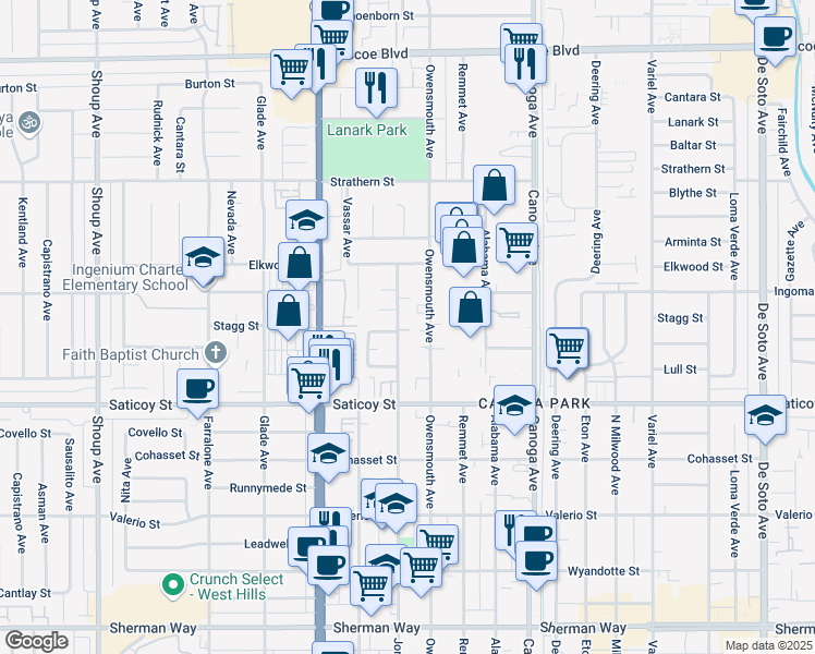 map of restaurants, bars, coffee shops, grocery stores, and more near 7717 Owensmouth Avenue in Los Angeles
