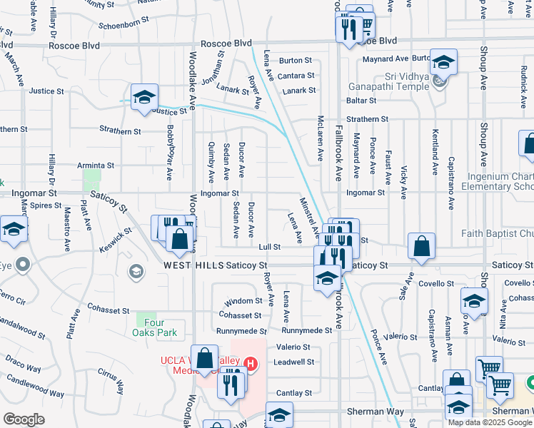 map of restaurants, bars, coffee shops, grocery stores, and more near 7712 Royer Avenue in Los Angeles