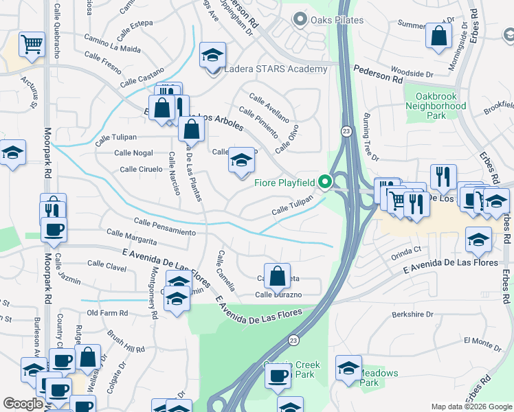 map of restaurants, bars, coffee shops, grocery stores, and more near 1326 Calle Crisantemo in Thousand Oaks