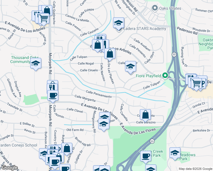 map of restaurants, bars, coffee shops, grocery stores, and more near 1100 Calle Tulipan in Thousand Oaks