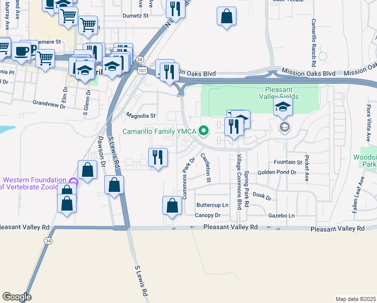 map of restaurants, bars, coffee shops, grocery stores, and more near 358 Westpark Court in Camarillo