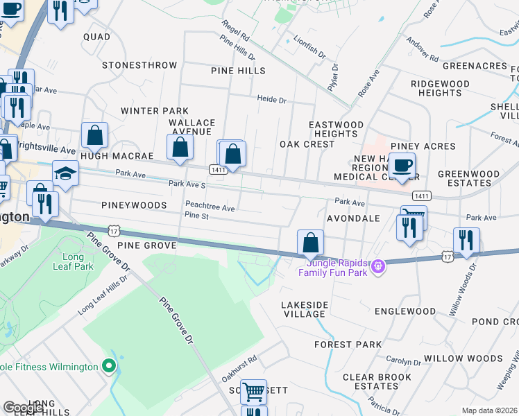 map of restaurants, bars, coffee shops, grocery stores, and more near 5031 Pine Street in Wilmington