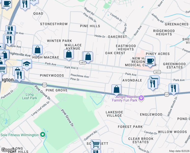 map of restaurants, bars, coffee shops, grocery stores, and more near 5031 Pine Street in Wilmington