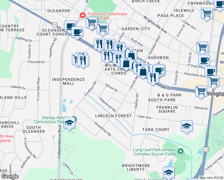 map of restaurants, bars, coffee shops, grocery stores, and more near 1706 Copley Road in Wilmington