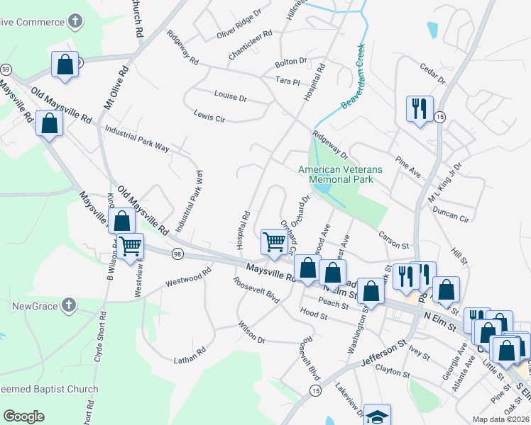 map of restaurants, bars, coffee shops, grocery stores, and more near 136 Orchard Circle in Commerce