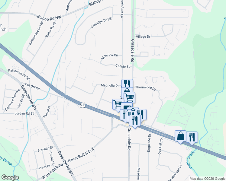 map of restaurants, bars, coffee shops, grocery stores, and more near 10 Magnolia Drive in Cartersville