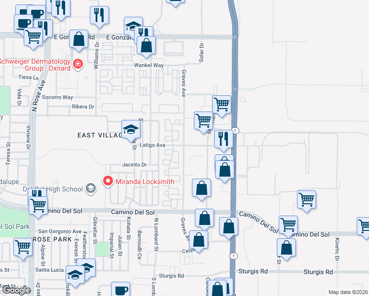 map of restaurants, bars, coffee shops, grocery stores, and more near 2300 Latigo Avenue in Oxnard