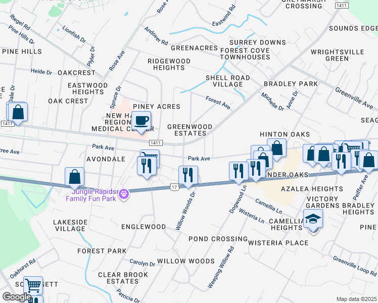 map of restaurants, bars, coffee shops, grocery stores, and more near 5431-5499 River to the Sea Bikeway in Wilmington