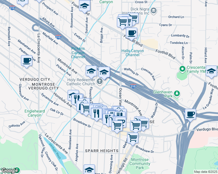 map of restaurants, bars, coffee shops, grocery stores, and more near 2340 Del Mar Road in La Crescenta-Montrose