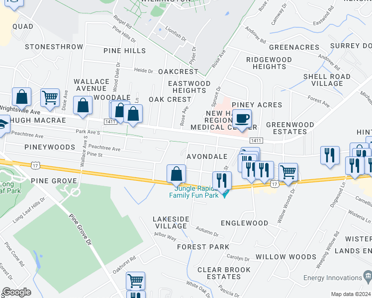 map of restaurants, bars, coffee shops, grocery stores, and more near 1314 Louisa Lane in Wilmington