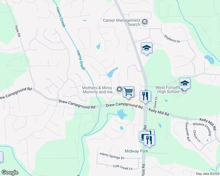 map of restaurants, bars, coffee shops, grocery stores, and more near 3645 Azurite Street in Cumming