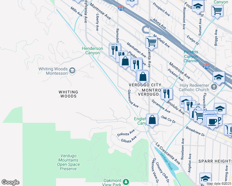 map of restaurants, bars, coffee shops, grocery stores, and more near 3525 El Lado Drive in Glendale