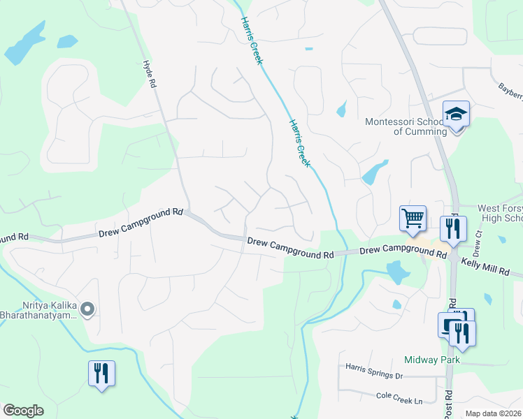 map of restaurants, bars, coffee shops, grocery stores, and more near 3830 Balas St in Cumming