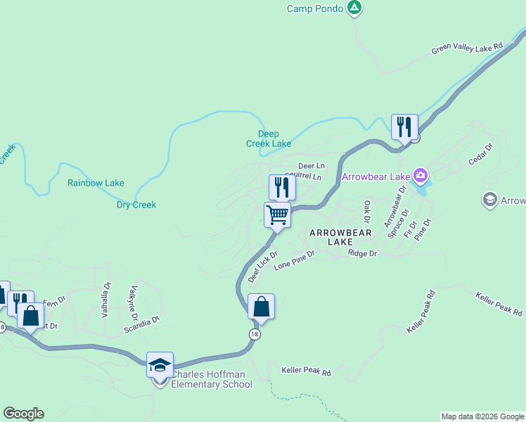 map of restaurants, bars, coffee shops, grocery stores, and more near 32825 Cougar Lane in Running Springs