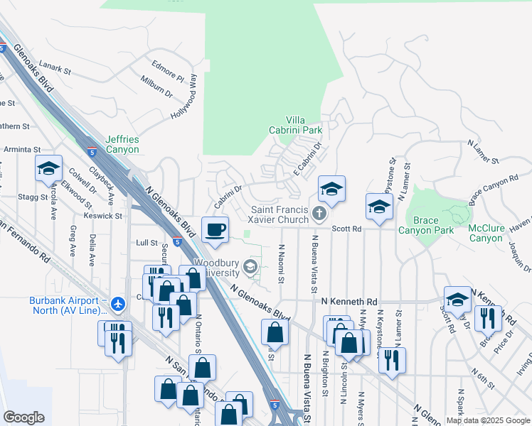 map of restaurants, bars, coffee shops, grocery stores, and more near 9647 Vía Torino in Burbank