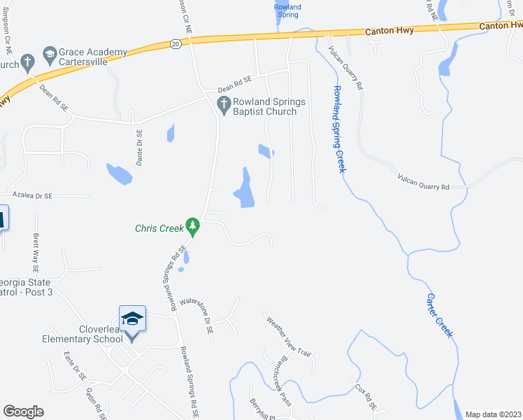 map of restaurants, bars, coffee shops, grocery stores, and more near 44 South Oaks Drive in Cartersville