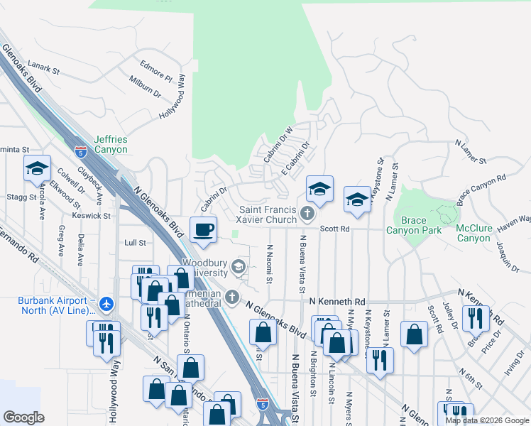 map of restaurants, bars, coffee shops, grocery stores, and more near 3256 North Frederic Street in Burbank