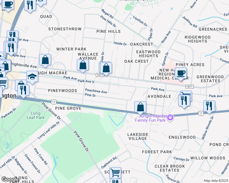 map of restaurants, bars, coffee shops, grocery stores, and more near 5031 Pine Street in Wilmington