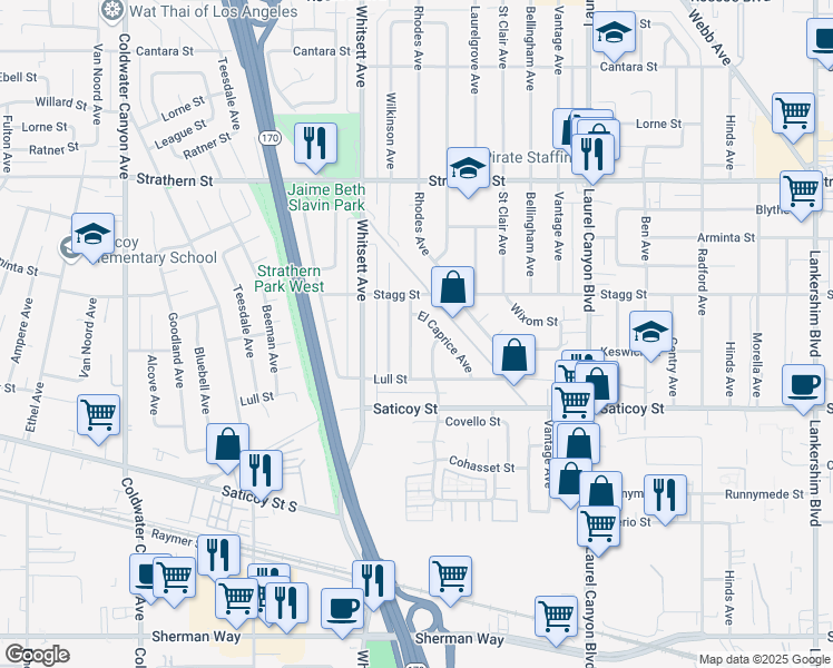 map of restaurants, bars, coffee shops, grocery stores, and more near 7718 Westland Avenue in Los Angeles
