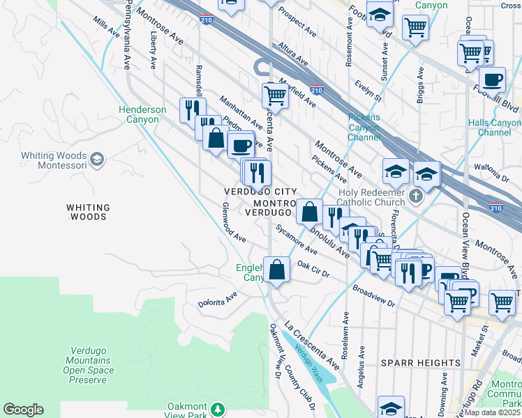 map of restaurants, bars, coffee shops, grocery stores, and more near 2819 Sycamore Avenue in Glendale