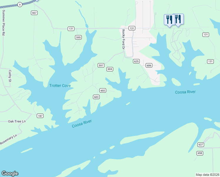 map of restaurants, bars, coffee shops, grocery stores, and more near 167 County Road 602 in Cedar Bluff