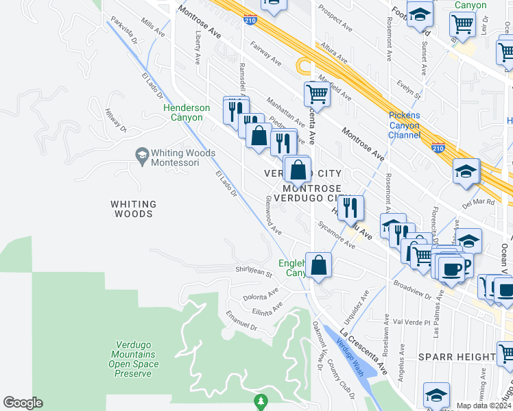 map of restaurants, bars, coffee shops, grocery stores, and more near 2912 Oakendale Place in Glendale