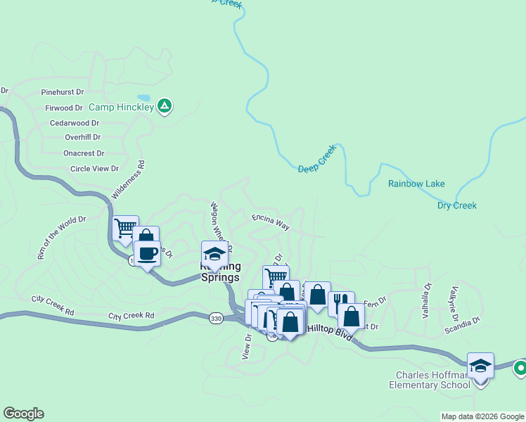 map of restaurants, bars, coffee shops, grocery stores, and more near 2350 Deep Creek Drive in Running Springs