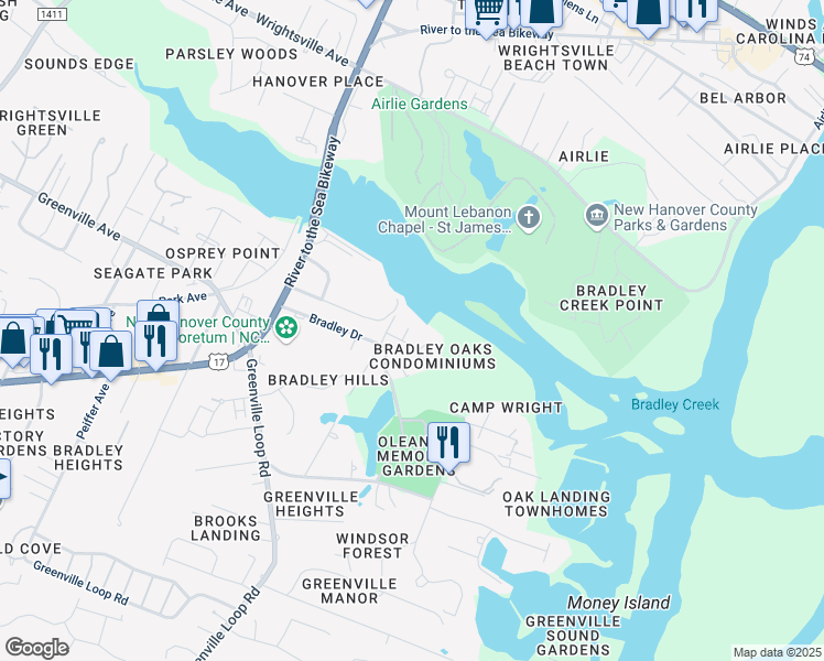 map of restaurants, bars, coffee shops, grocery stores, and more near 305 Bradley Drive in Wilmington
