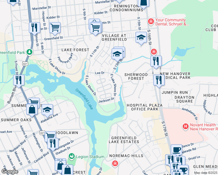 map of restaurants, bars, coffee shops, grocery stores, and more near 138 Lake Forest Parkway in Wilmington