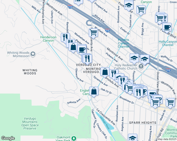 map of restaurants, bars, coffee shops, grocery stores, and more near 2819 Sycamore Avenue in Glendale