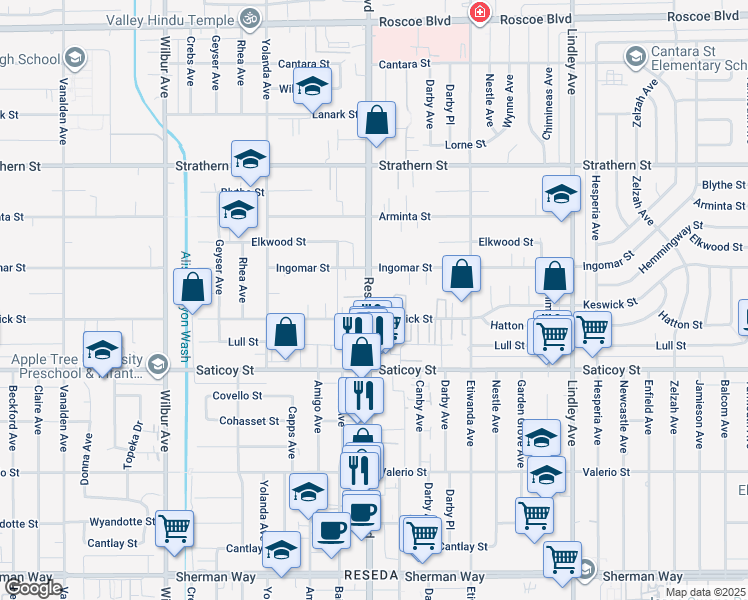 map of restaurants, bars, coffee shops, grocery stores, and more near 7722 Reseda Boulevard in Los Angeles