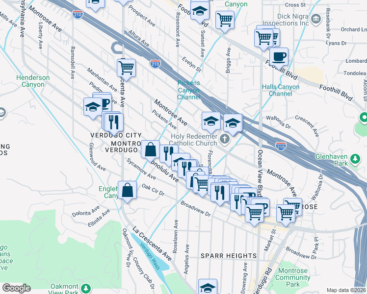 map of restaurants, bars, coffee shops, grocery stores, and more near 2547 Piedmont Avenue in La Crescenta-Montrose