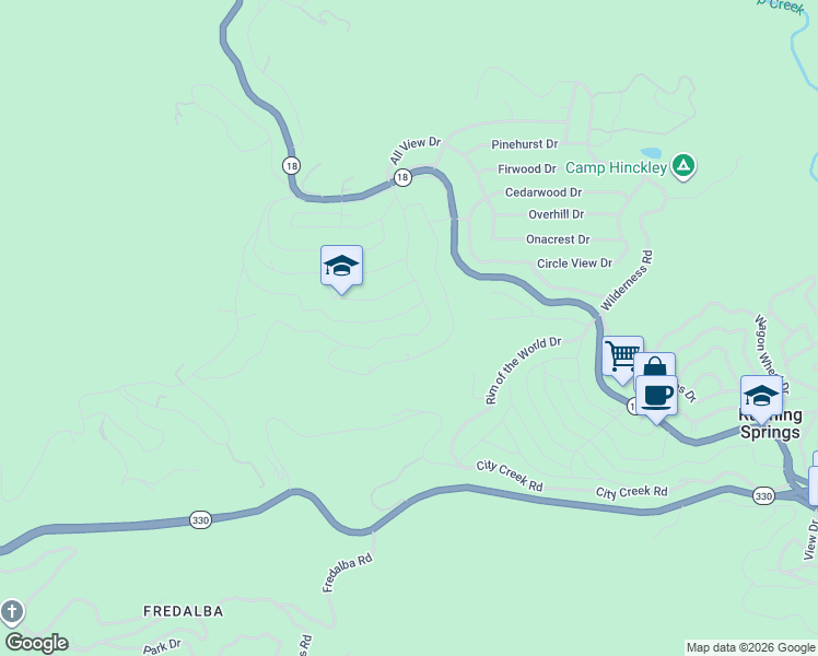 map of restaurants, bars, coffee shops, grocery stores, and more near 31114 All View Drive in Running Springs