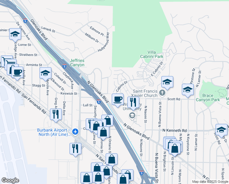 map of restaurants, bars, coffee shops, grocery stores, and more near 9788 Vía Zibello in Burbank