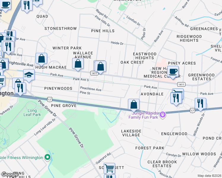map of restaurants, bars, coffee shops, grocery stores, and more near 5031 Pine Street in Wilmington