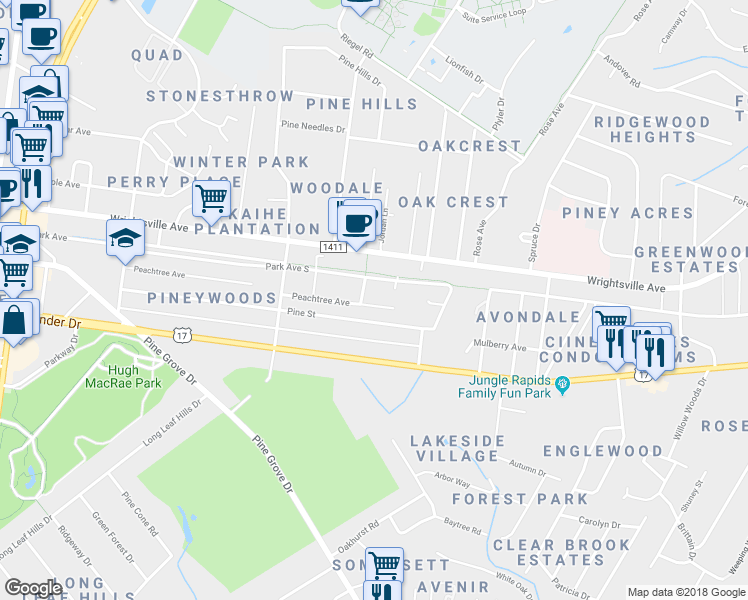 map of restaurants, bars, coffee shops, grocery stores, and more near 5037 Peachtree Avenue in Wilmington