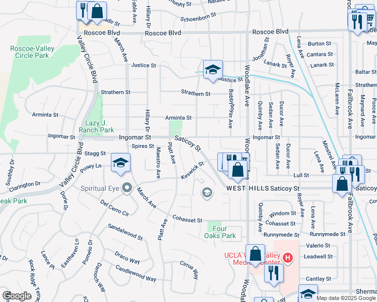 map of restaurants, bars, coffee shops, grocery stores, and more near 7713 Woodhall Avenue in Los Angeles