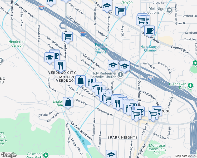map of restaurants, bars, coffee shops, grocery stores, and more near 2547 Piedmont Avenue in La Crescenta-Montrose