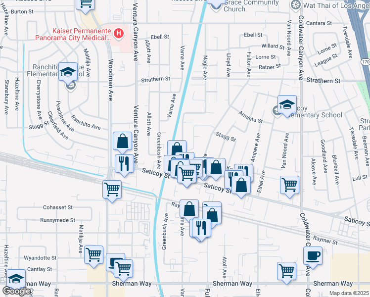 map of restaurants, bars, coffee shops, grocery stores, and more near 7734 Varna Avenue in Los Angeles