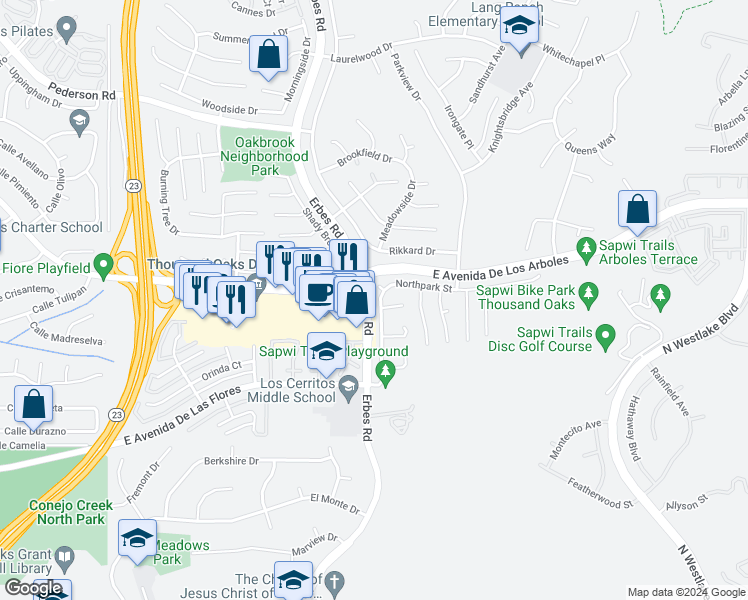 map of restaurants, bars, coffee shops, grocery stores, and more near 2219 Scenicpark Street in Thousand Oaks