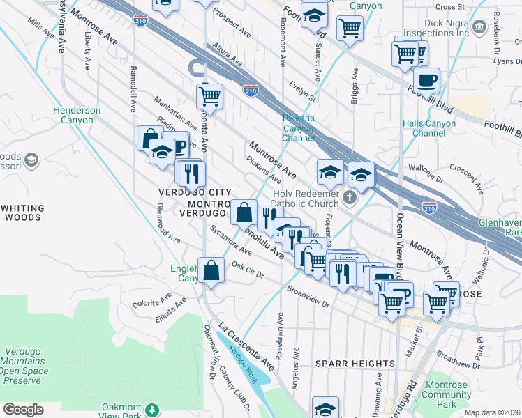 map of restaurants, bars, coffee shops, grocery stores, and more near 2625 Hermosa Avenue in Glendale