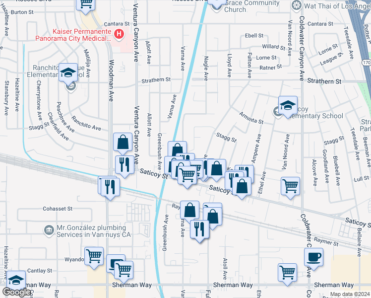 map of restaurants, bars, coffee shops, grocery stores, and more near 7734 Varna Avenue in Los Angeles