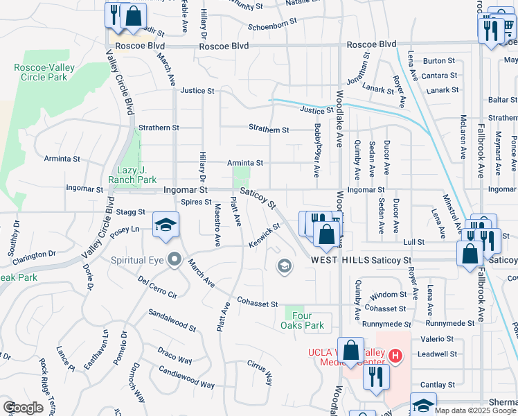 map of restaurants, bars, coffee shops, grocery stores, and more near 7713 Woodhall Avenue in Los Angeles