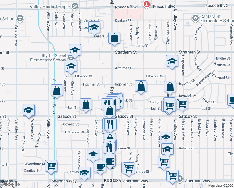 map of restaurants, bars, coffee shops, grocery stores, and more near 7722 Reseda Boulevard in Los Angeles