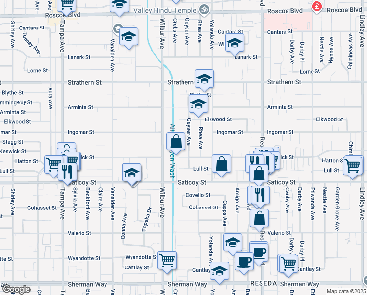 map of restaurants, bars, coffee shops, grocery stores, and more near 18835 Saticoy Street in Los Angeles