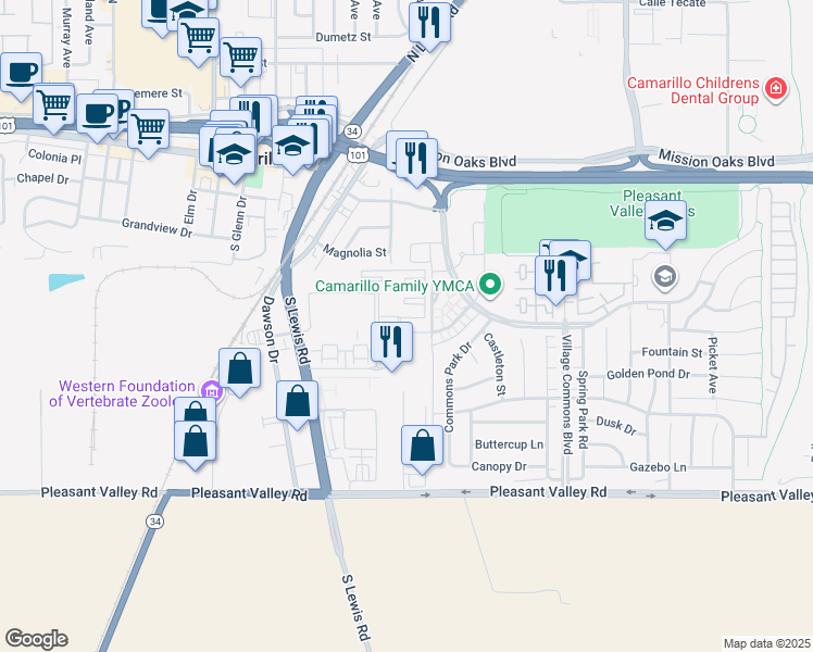 map of restaurants, bars, coffee shops, grocery stores, and more near 350 Mike Loza Drive in Camarillo